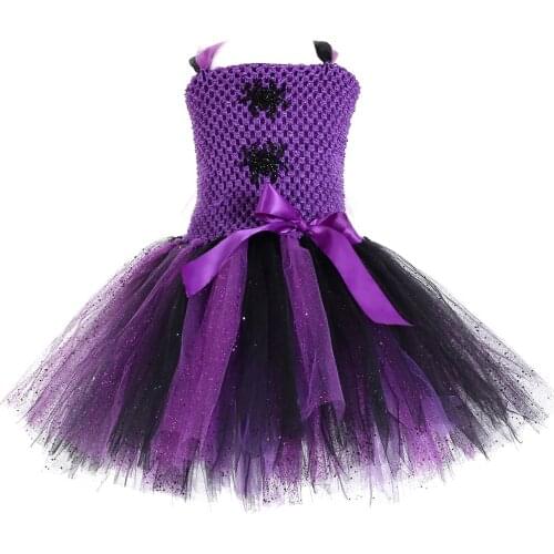 Sparkly Spider Girls Tutu Dress Black Purple Witch Halloween Costume for Kids Girls Performance Carnival Party Fancy Dress 1-14Y