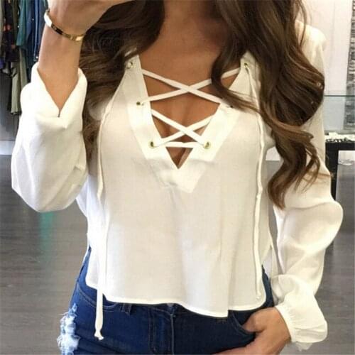 Sexy Women Ladies Long Sleeve Loose Casual Blouse Summer Autumn V Neck Solid Casual Shirt Lace Up Tops Elegant Woman Chic Blouse