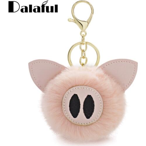 Lovely Bunny Rabbit Fur Ball Keyrings Pompom Piggy Pig Keychains Animal Pom Pom Leather Trinkets For Car Key Chains K359 New