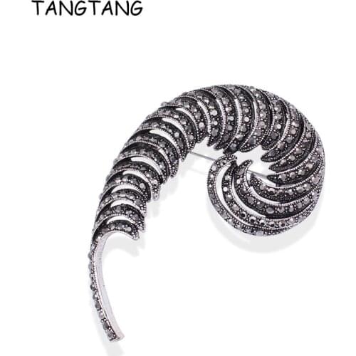 Leaf Brooch Black Rhinestone Peacock Feather Brooch Vintage Antique Silver Plated Pendant Jewelry 2018 New, Item NO.: BH8233