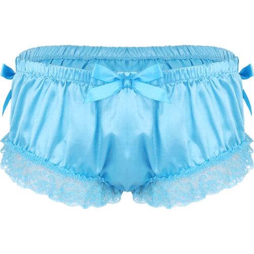 Mens Sissy Shiny Satin Lingerie Panties Sexy Ruffled Floral Lace Cute Bowknot Knickers Briefs Gay Male Skirted Underwear Panties