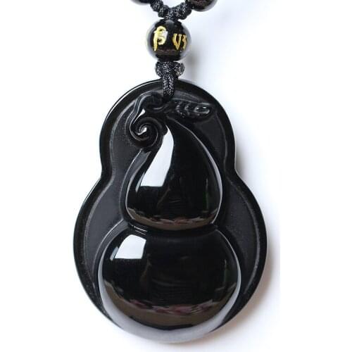 Men Necklace Pendant Black Obsidian Carved Gourd Cucurbit Pendant Free Chain Gift for Male Fine Jade Jewelry