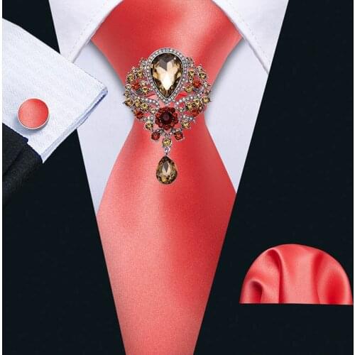 Coral Satin 100% Silk Tie Rhinestone Brooches Men Wedding Tie Hanky Set Barry.wang Fashion Designer Solid Neckties for Men Gift