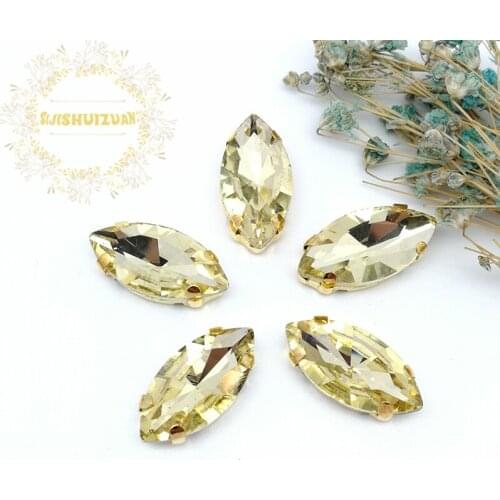New product Horse eye Light yellow Crystal Glass Sewing Rhinestones with gold Claw DIY Wedding Dresses