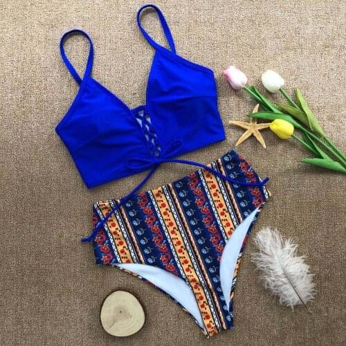 Sexy High Waist Bikini Halter Blue Swimwear Women Swimsuit Female Bikini Set Bodysuit Bathing Suit Summer Biquini
