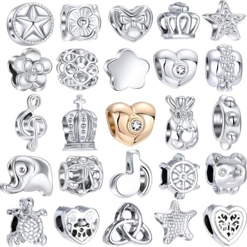 Silver Color Cute Crown Heart Star Elephant Bead Fit Bracelet Charms for Women Fashion Jewelry Gifts