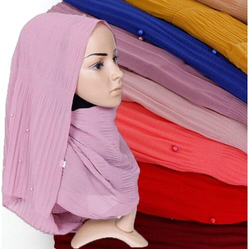 Pearl chiffon pleated stripe scarf crinkle hijab plain bubble chiffon scarf muslim hijab bead shawl head scarf scarves 20pcs/lot