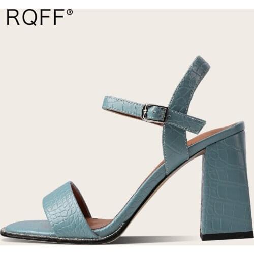 Blue Black White Open Toe Shoes Handmade Block High Heels 2021 Summer New Fashion Solid Square Dress Modern Sandals Plus Size 43