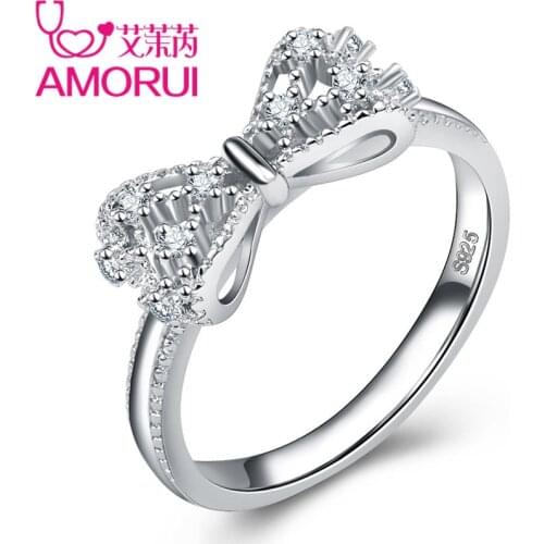 AMORUI Cute Bow CZ Birthday Stone Wedding Rings For Women Jewelry Bowknot Engagement Ring Dropshipping Gift Jewellery