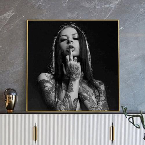 Tattoo Cool Girl Art Posters and Prints on Canvas Painting Black White Modern Wall Art Picture for Living Room Home Decoration