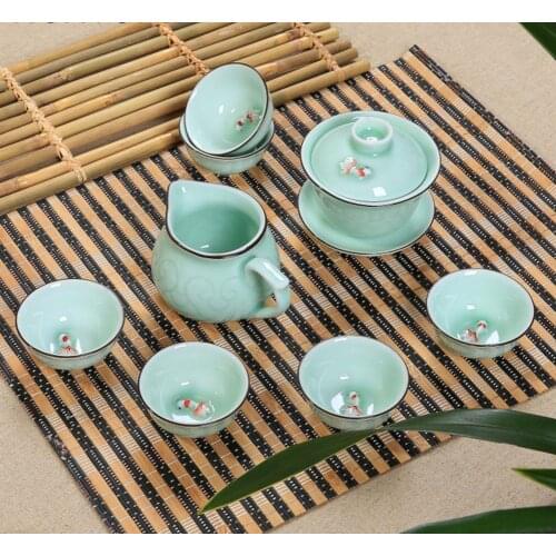 Theepot 9 Kung Fu Thee Set Ceramic Tea Pattern Cup, Bone China GaiWan, Tea Sea, Porcelain Filter Cup