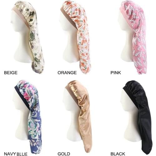 Silky Satin Baggy Sock Sleep Cap Women Print Night Hat Turban Wrap Long Hair Headcover Elastic Band Headwrap Headwear Headscarf