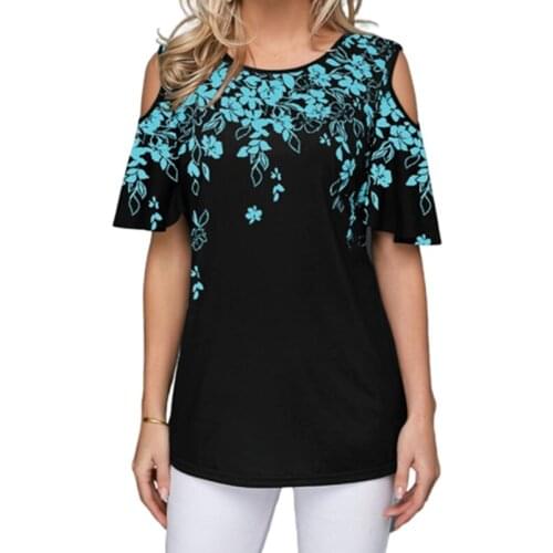 2021 Women New Summer Elegant Print Cold Shoulder Tops Short Sleeve Female T Shirt O-neck Loose Tee Shirt Plus Size 5xl Clothes