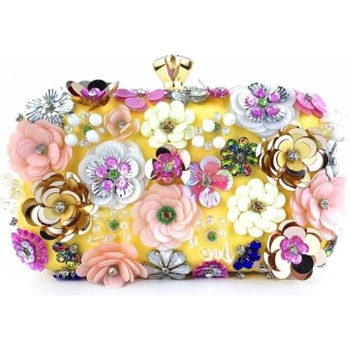 63HC Womens Evening Bag Retro Beaded Clutch Bags Colorful Flower Handbag Floral Crossbody Bag Party Banquet Shoulder Bags