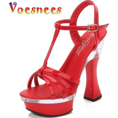 T-Strap Chunky Heel Women Shoes Summer Sexy Walk Show High Heels New Platform Party Nightclub Sandals Stripper Transparent Shoes