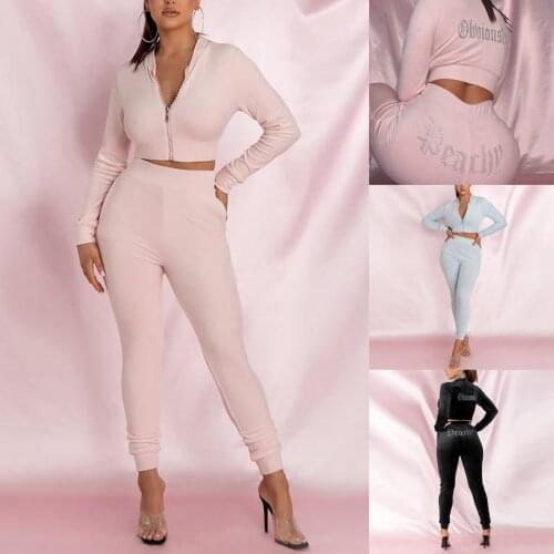 Two-Piece Gold Velvet Sexy Hot Drilling Sweater Suit Womens Casual Tight-Fitting Sports Suit Long-Sleeved Short Crop Tops+Pants