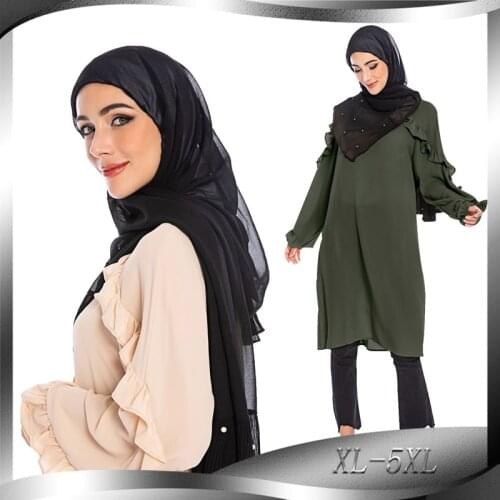 Womens muslim long-sleeved round neck long tops islamic clothing turkish plus size paris beads blouse malaysia abaya dubai dress