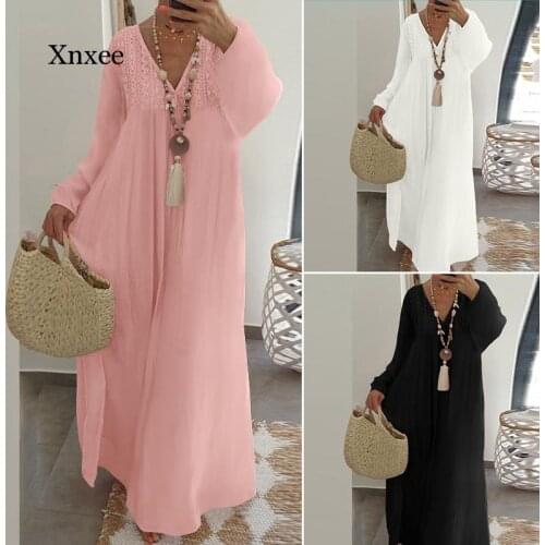 Pink Bohemian Women Long Dress Maxi Dress Summer Casual Loose Ruffles Party Vestidos Sexy V Neck Lantern Sleeve Lace Plus Size