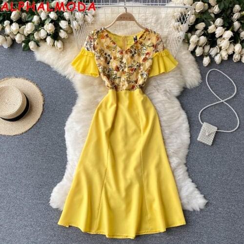 ALPHALMODA Summer New Printed Lace Patchwork Flare-sleeved Women Elegant Dress A-line Midi Vintage Ladies Dress