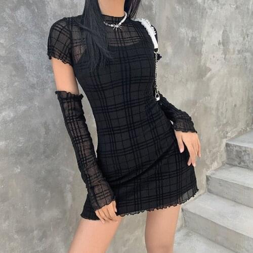 90s Vintage Plaid Dress Women Elegant High Waist Bodycon Slim Dress Harajuku Sexy Y2K Aesthetic Fashion Hollow Out Partywear