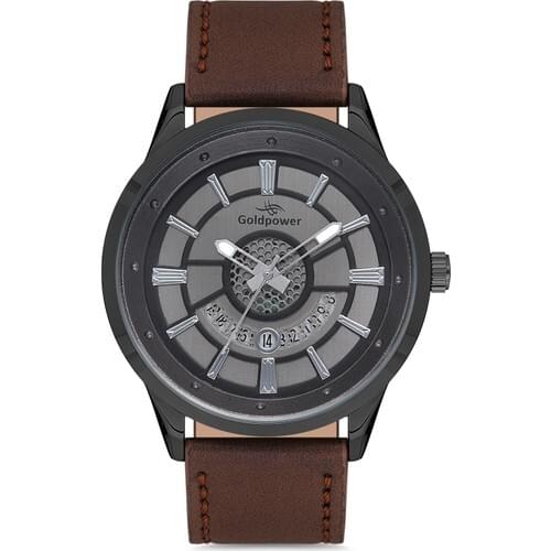GoldPower Dark Brown Leather Cord Silver-Antresit Dial Case Minarel Men Wristwatch Clock