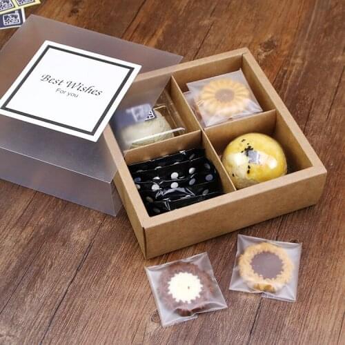 100pcs 4 Lattice Kraft Paper Mooncake Boxes with Frosted Transparent Cover Drawer Type Egg-Yolk Puff Gift Packaging Box lin4028