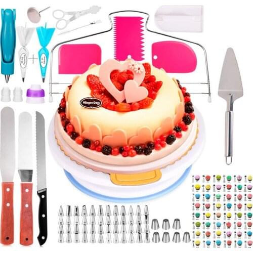 124pcs Cake Decorating Set Cake Turntable Stand Set Stand Stainless Pastry Nozzles Confectionery Bag Icing Smoother Baking Tools