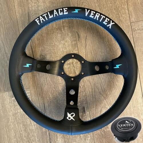 13inch Vertex White Embroidery Black Genuine Leather Drift Sport Steering Wheels With Blue Stitching