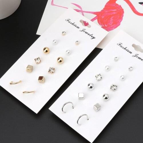 6 Pairs Pearl CZ Hoop Studs Irregular Geometric Assorted Stud Earrings Set Women T84A