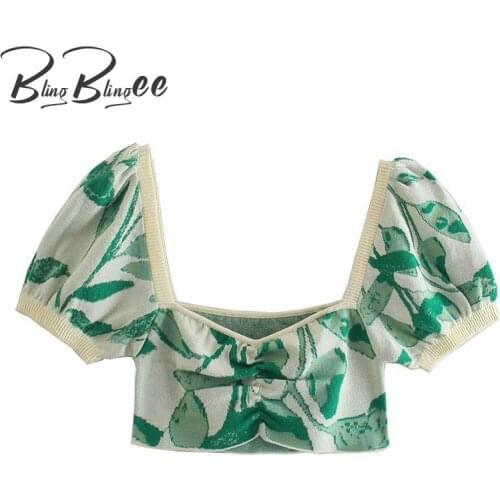 BlingBlingee Green Knitted Crop Tops Summer Puff Sleeve Ruched Front Women Slim Pullovers Square Collar Casual Female Jumpers