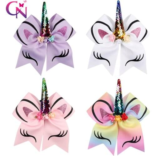 8 Pcs/lot Rainbow Unicorn Cheer Bows With Rubber Band For Girls Kids Reversible Sequin Ponytail Hair Bows Hair Accessories