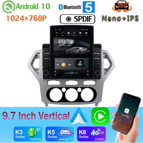 DSP Nano+IPS 9.7" Vertical Tesla Android 10 Car Media Radio GPS Navigation PX6 4+64G For Ford Mondeo 2007-2010 MT AT 360 Camera