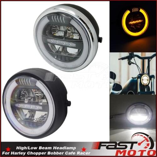 Chrome/Black White & Amber Headlamp Built-In Radiator Vintage Head Light Cafe Racer Hi/Lo Beam LED For Harley Chopper Bobber