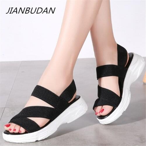 JIANBUDAN Summer New Casual Sandals Womens Platform Sandals Outdoor Thick sole Women Beach shoes Elastic band sandals 35-44