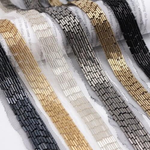 2 Yards Metallic Silver Beaded Lace Trim 9 tube beads one Rows Ribbon for Bridal gown, Sash Belt, Headbands,DIY Craft
