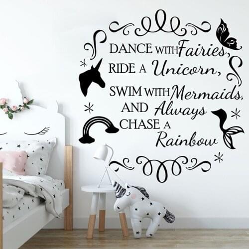 Cartoon Unicorn Mermaid Quote Wall Sticker Kids Room Nursery Unicorn Animal Inspirational Quote Wall Decal Vinyl Bedroom
