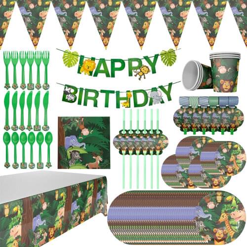 Cartoon Jungle Animal Disposable Party Tableware Sets for Kid Birthday Party Decor Plate Cup Napkin Tablecloth Party Supplies