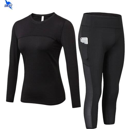 Sexy Women Yoga Set Long Sleeve Shirt+Pocket Capri Leggings 2 Pcs Tracksuit Gym Fitness Clothing High Waist Running Sport Suit
