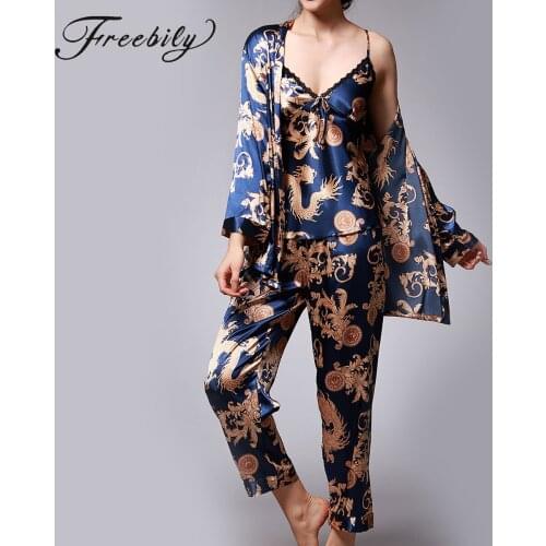 3pcs Pajama Set Silk Satin Cami Top Pants and Robe Suit Women Long Sleeve Kimono Robe Bathrobe Nightwear