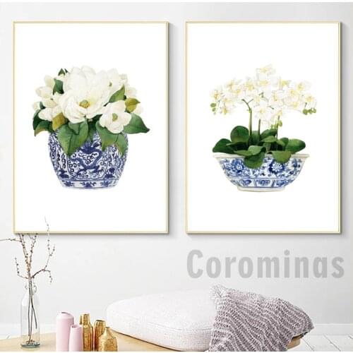 White Orchid & Magnolia Poster Watercolor Chinoiserie Decor Canvas Print Oriental Vase Blue White Willow Style Porcelain Flower