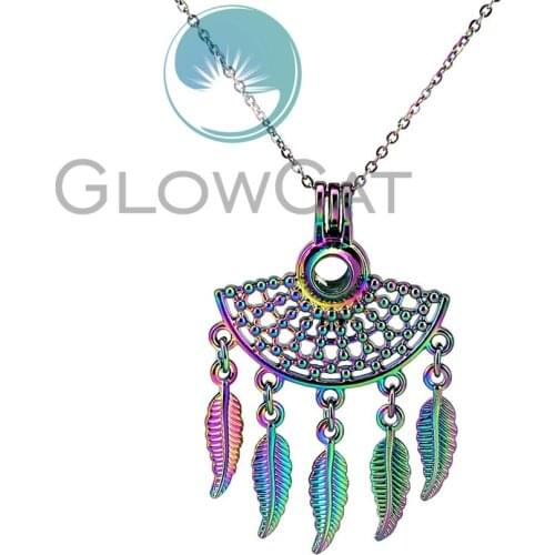 Rainbow Bohemia Filigree Pendant Beads Cage Perfume Diffuser Aroma Pearl Cage Locket Necklace CC1011