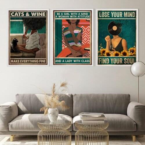 Retro Metal Poster Be a Girl With Mind Inspirational Quote Canvas Painting Woman Cat Wine Abstract Art Print Wall Pictures Decor