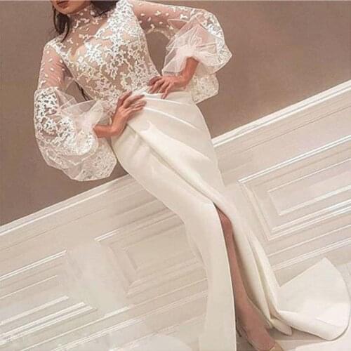 New Wedding Dresses Long lantern Sleeves Chiffon Sheer Lace Applique Full Length long Beach Split Bridal satin mermaid Dress