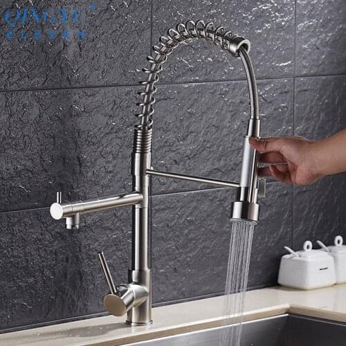 QINGYU ELEVEN Brass Brushed Kitchen Faucet Pull Down Sprayer Hot And Cold Water Mixer Tap 360 Rotation Kitchen Sink Faucet