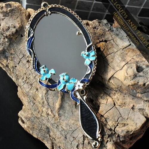 Vintage Hollow Blue flowers portable European mirror with Handle Photo frame portable Valentines Day Decor Birthday Wife gift