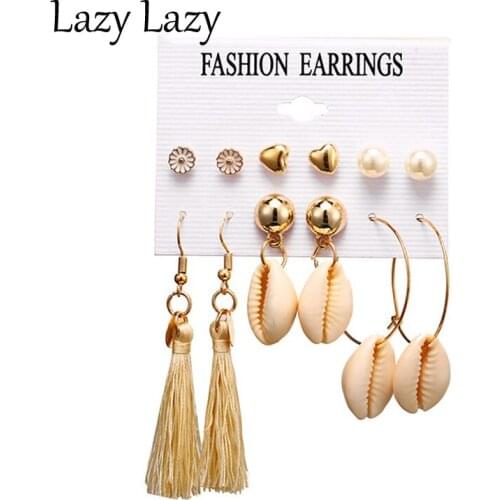Vintage Flower Earring Studs Fashion Shell Alloy Earring Set Shell Pendant Earrings For Women Charm Party Wedding Jewelry Gift