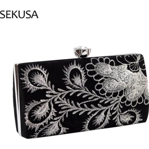 Vintage Style Embroidery Evening Bags Chain Shoulder Day Clutch Black Color Lady Party Banquet Holder