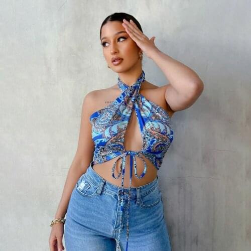 Women Summer Tank Tops, Floral Tied Cross Straps Sleeveless Backless Crop Tops for Girls, Green/Pink/Blue