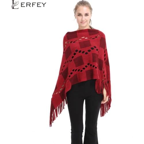 LERFEY Women Oversized Autumn Winter Batwing Sweater Ladies Tassels Plaid Poncho Long Knitted Pullovers Knit Cape New Coat Tops