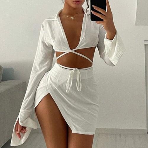 Sexy V-Neck Party Dress Sets 2021 Solid Long Sleeve Bandage Short Top Retro Bodycon Fork High Waist Two Piece Set Women Dress